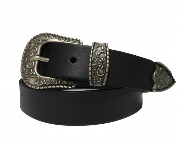 Cinturón liso con hebilla grabada y pasador metálico estilo antiguo negro