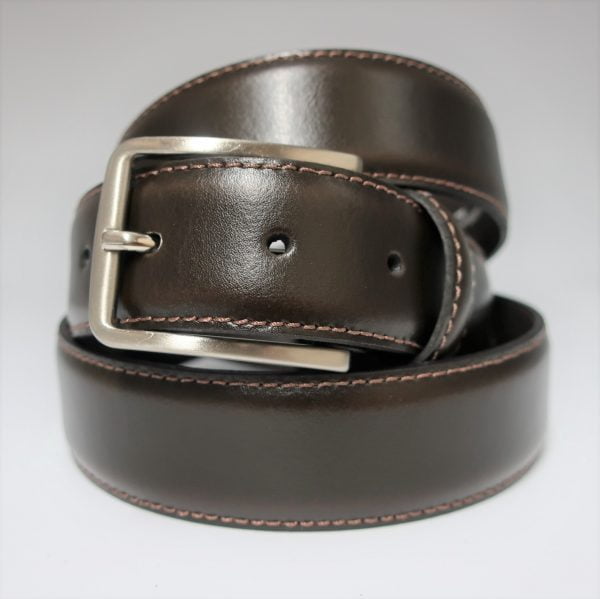 Cinturón de vestir con pespunte de piel marrón oscuro