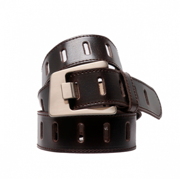 Cinturón sport de piel con pespuntes y hebilla diagonal marrón oscuro