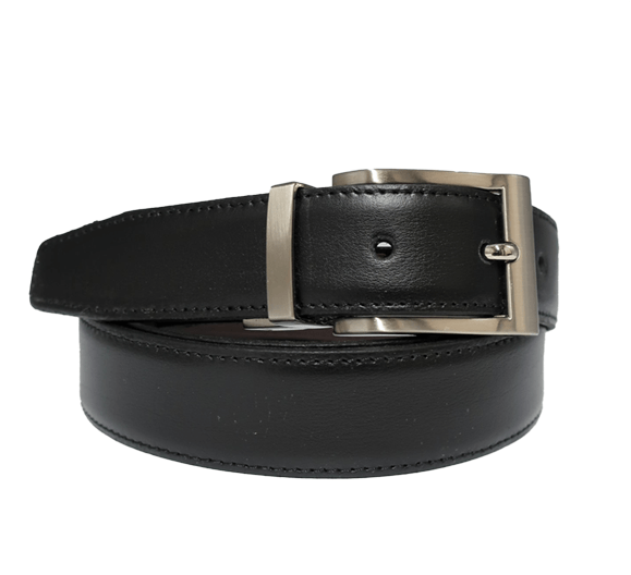 Cinturón reversible de piel con pespunte y pasador metálico negro y marrón