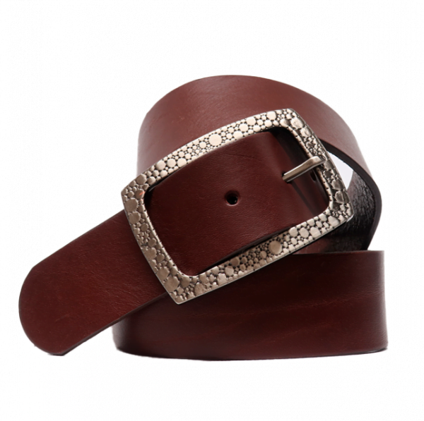 Cinturón sport de piel con hebilla rectangular grabada cuero oscuro