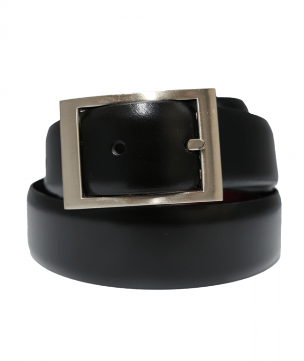 Cinturón reversible extra largo de piel lisa con hebilla rectangular negro y burdeos