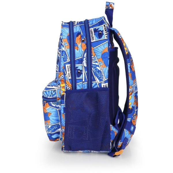 236353 mochila escolar grande dos departamentos estampado comic dino gabol temprado azul lateral