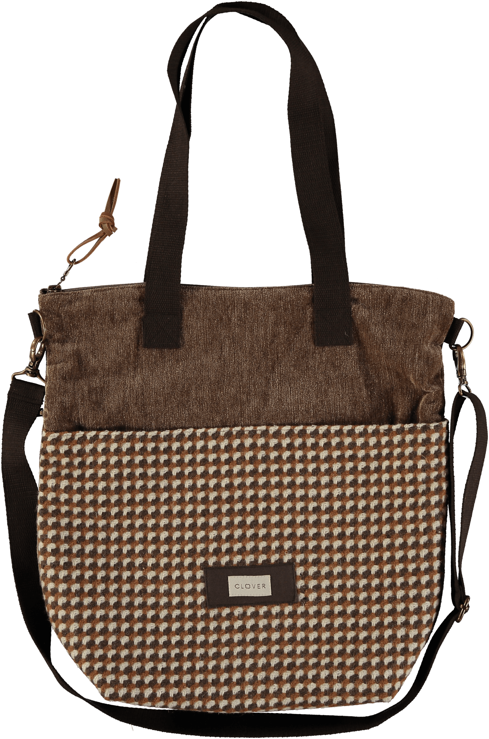 cane/lana bolso shopping bandolera grande cuadritos téxtil clover Temprado marrón