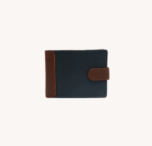 54655 cartera billetero tarjetero portamonedas americana bicolor cierre lengüeta piel fresno temprado azul marrón