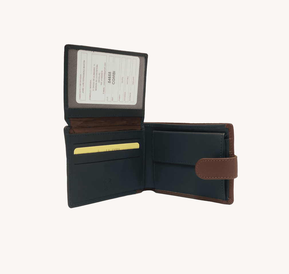 54655 cartera billetero tarjetero portamonedas americana bicolor cierre lengüeta piel fresno temprado azul marrón interior 2