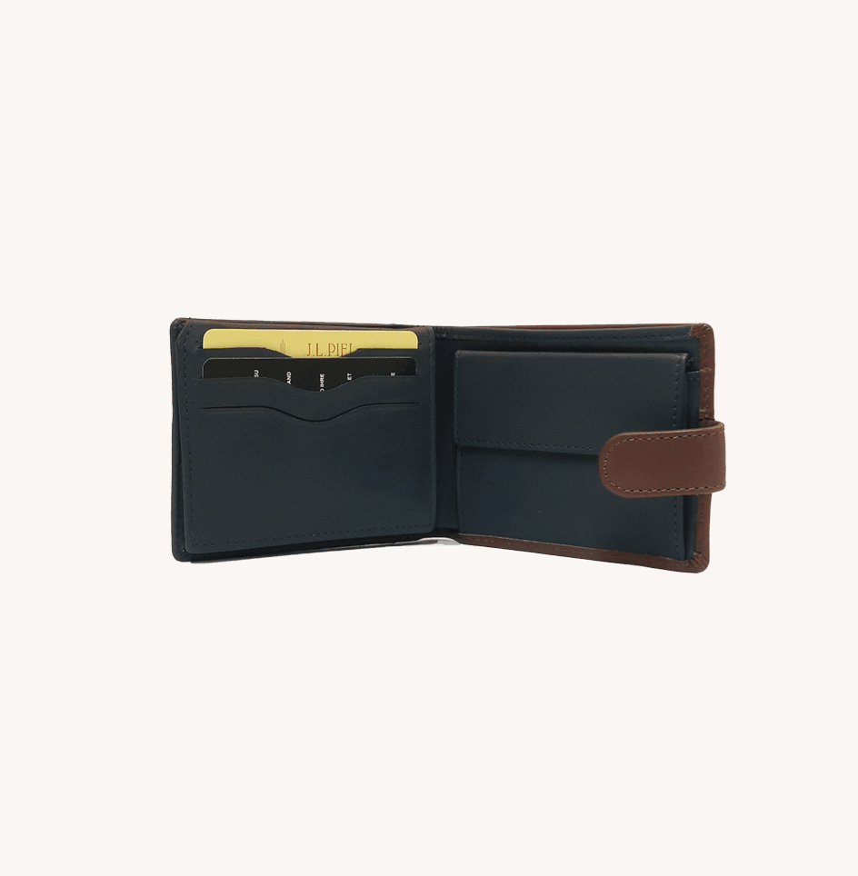 54655 cartera billetero tarjetero portamonedas americana bicolor cierre lengüeta piel fresno temprado azul marrón interior