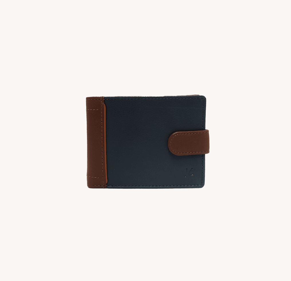 54655 cartera billetero tarjetero portamonedas americana bicolor cierre lengüeta piel fresno temprado azul marrón