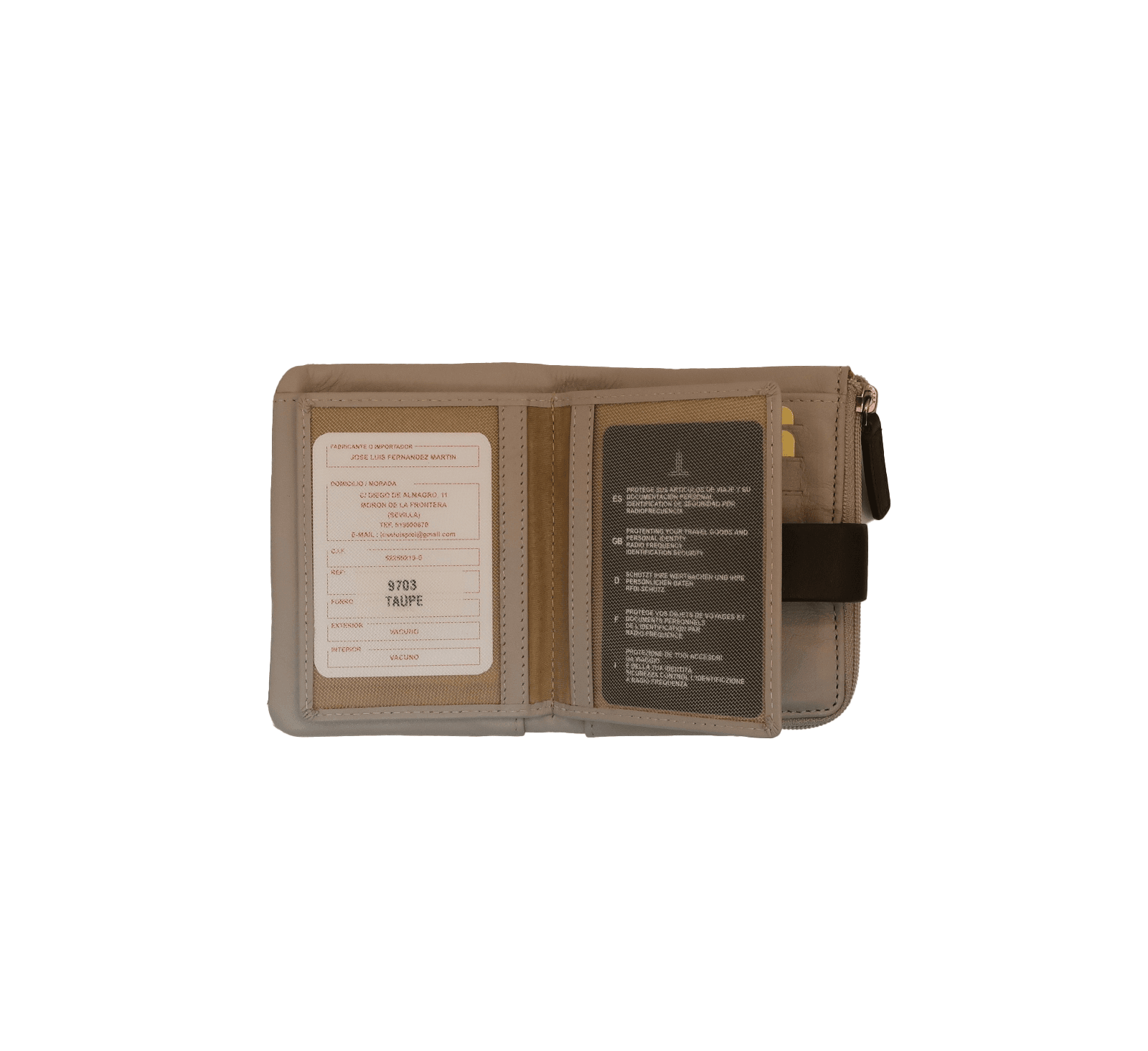 9703 billetero monedero tarjetero pequeño lengüeta cremallera piel fresno taupe interior 2