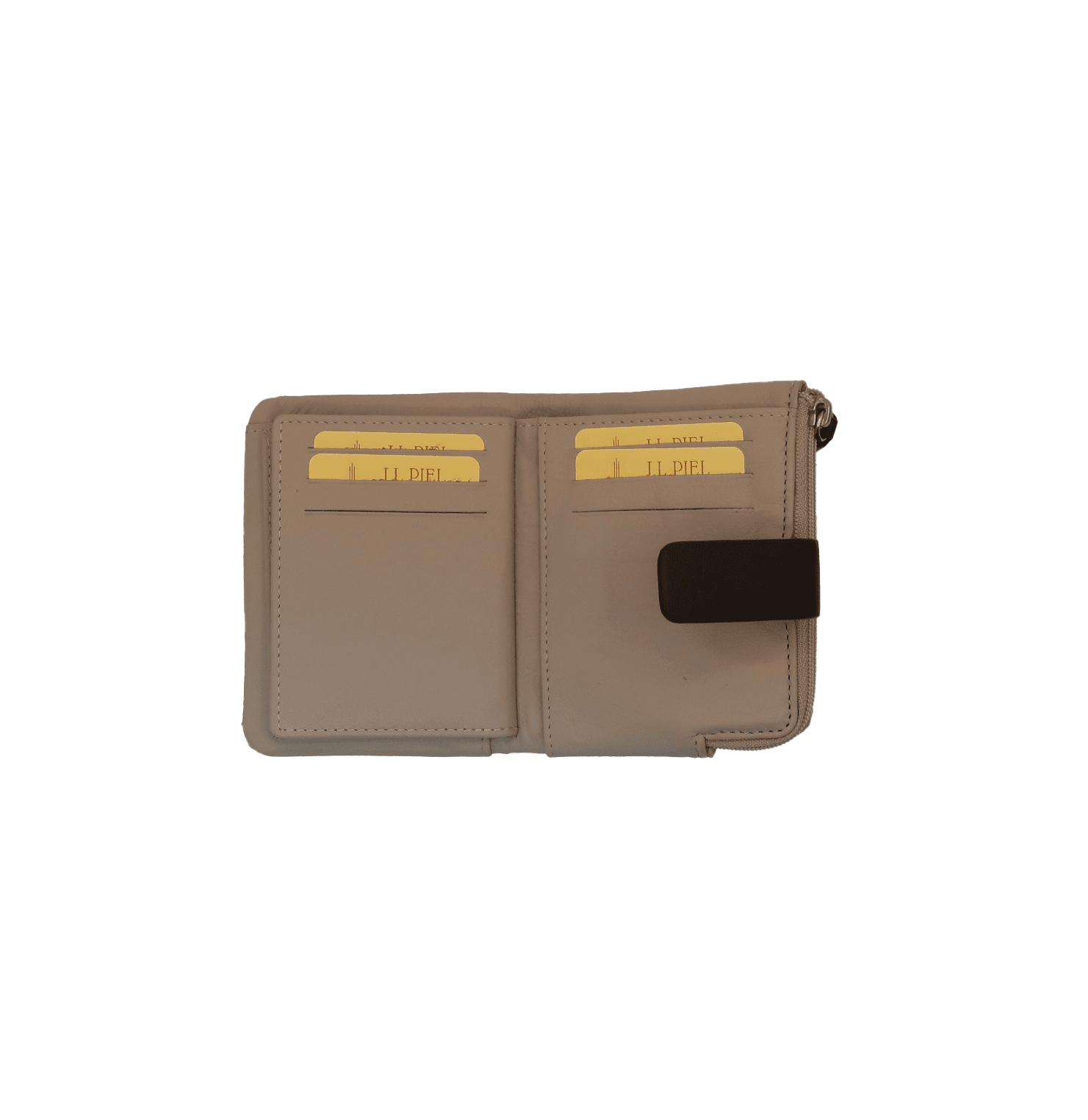9703 billetero monedero tarjetero pequeño lengüeta cremallera piel fresno taupe interior