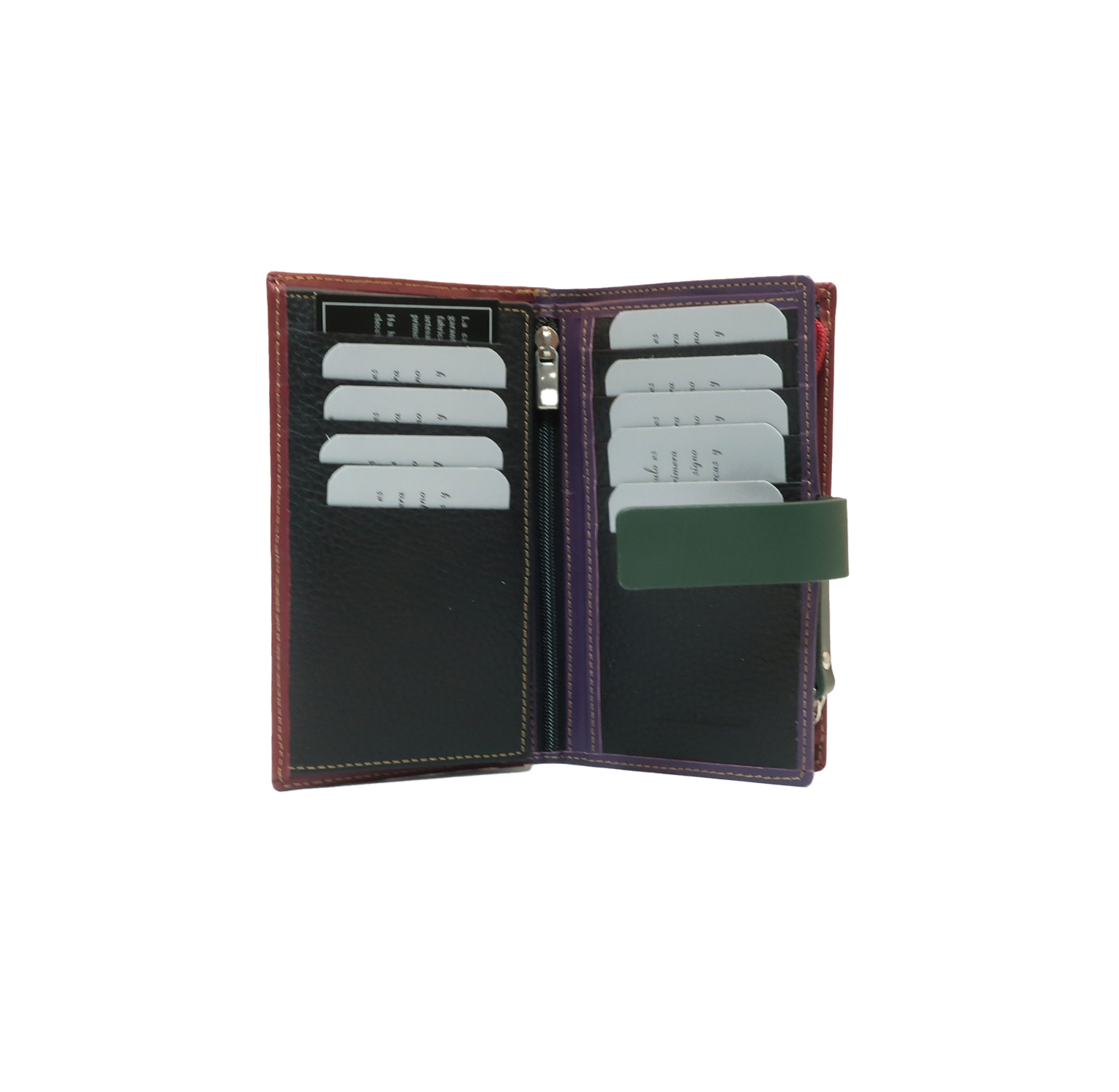 809 billetero tarjetero monedero bicolor cremallera lengüeta piel naylor temprado cereza verde morado interior
