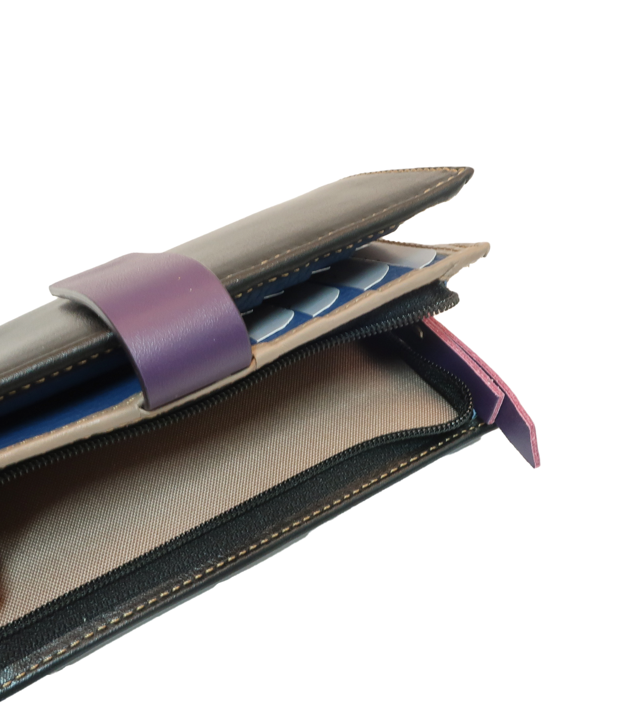 809 billetero tarjetero monedero bicolor cremallera lengüeta piel naylor temprado negro morado azul 3