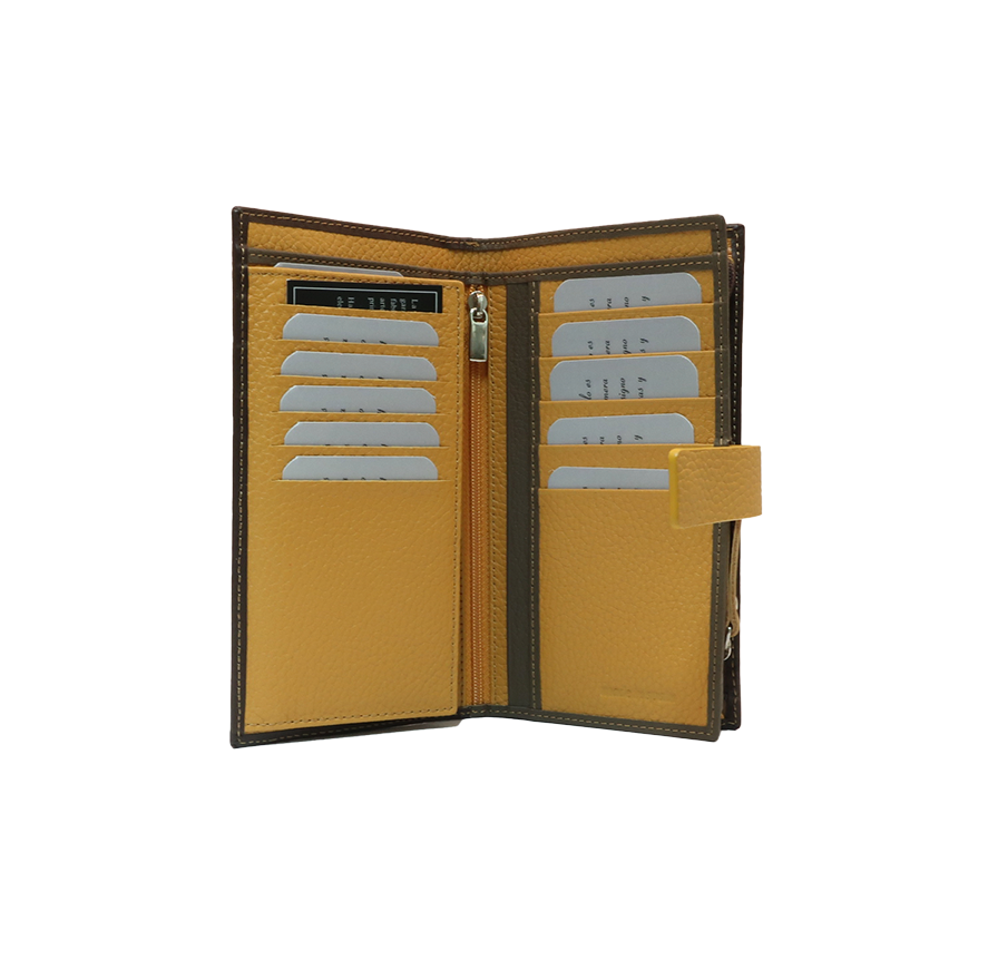 812 billetero tarjetero monedero bicolor grande cremallera lengüeta piel naylor temprado marrón amarillo interior