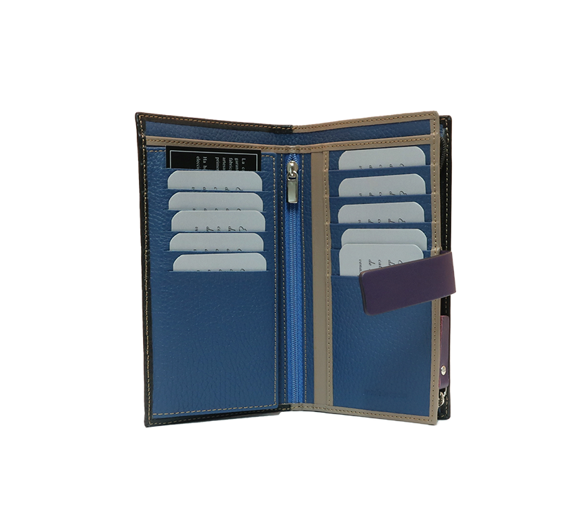 812 billetero tarjetero monedero bicolor grande cremallera lengüeta piel naylor temprado negro azul morado interior