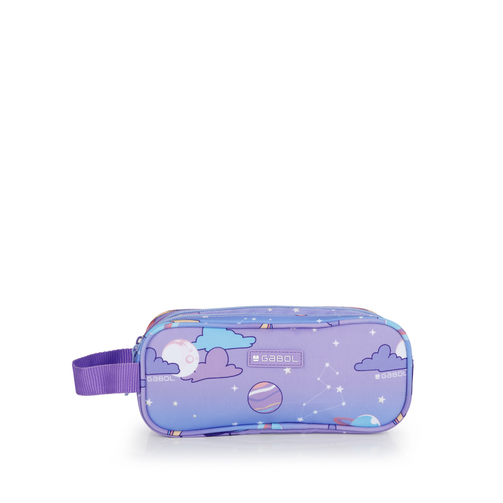 237411 estuche escolar tres departamentos nylon estampado cosmos gabol lila