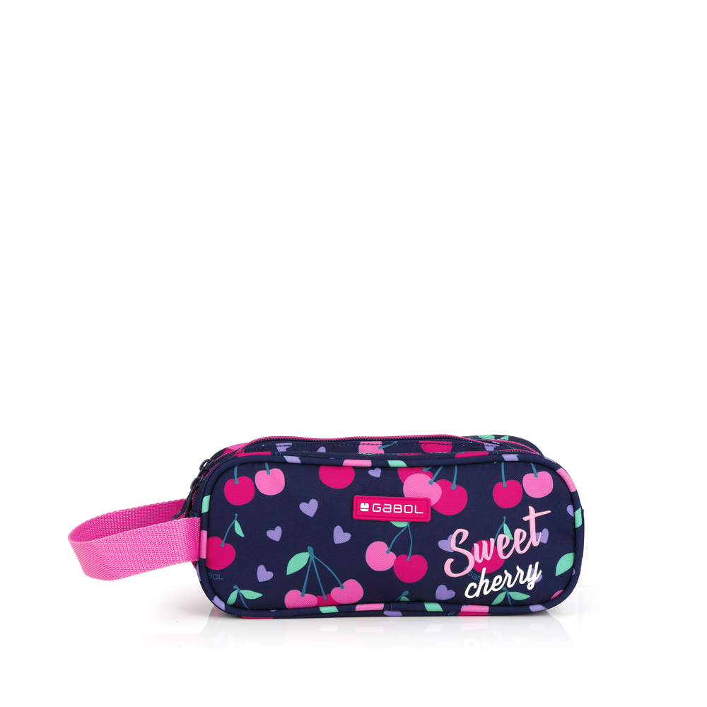 237511 estuche colegial tres departamentos nylon estampado cerezas sweet azul marino