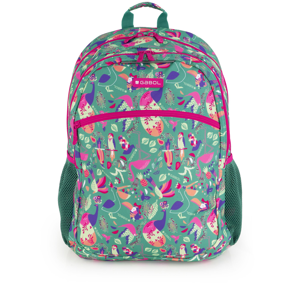 237796 mochila escolar dos departamentos nylon estampado pájaros vida gabol verde