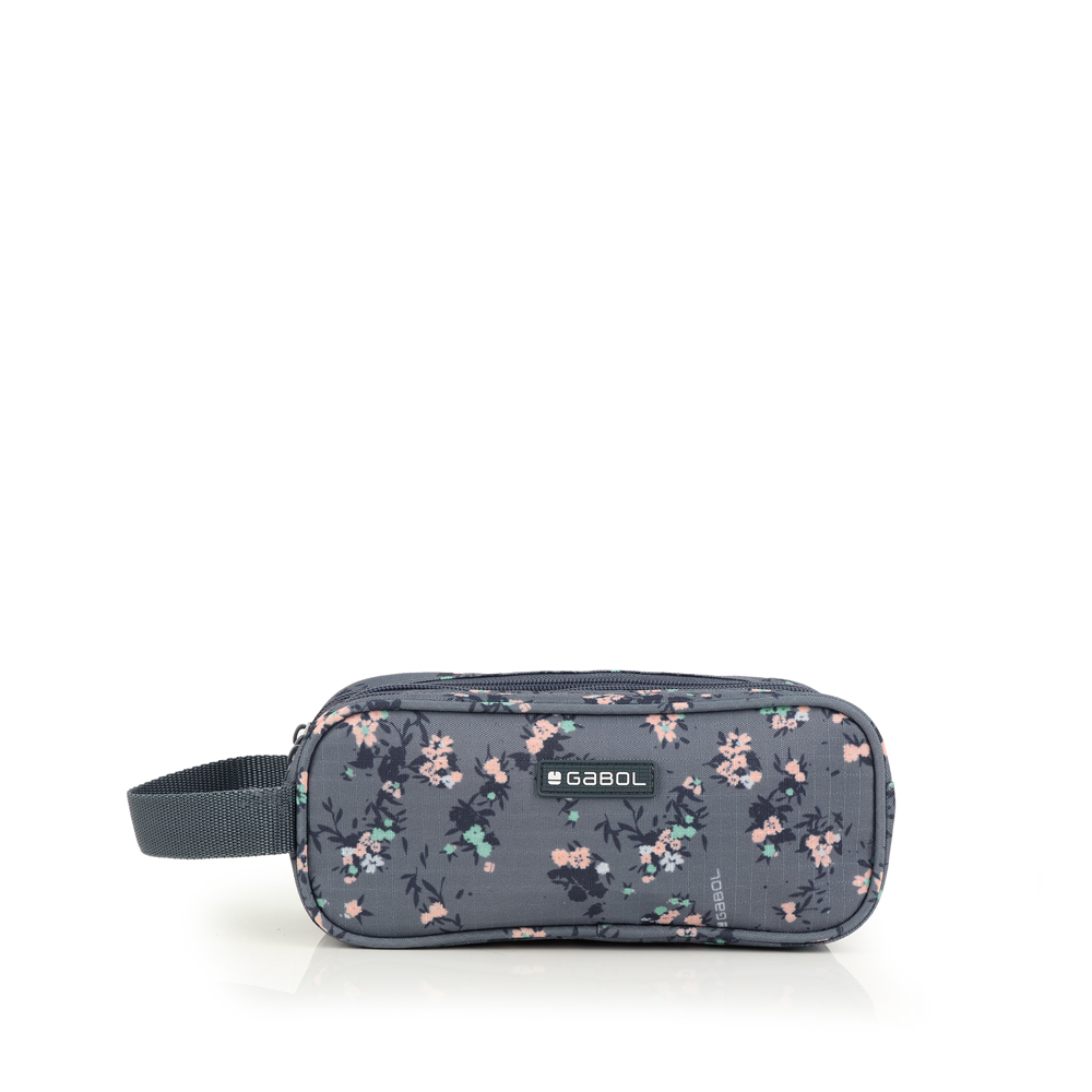 238011 estuche escolar tres deparatmentos nylon estampado flores secret gabol gris