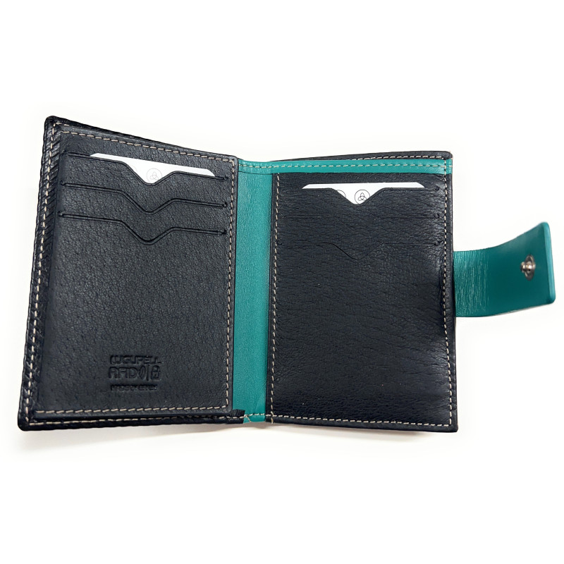 40884 billetero tarjetero monedero lengüeta solapa pequeño piel rayas diagonales espiga lugupell negro interior
